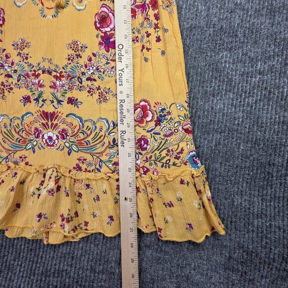 Boho Floral Sleeveless Top Womens Small Yellow Peasant Ruffle Festive Chic Tank - Picture 9 of 11